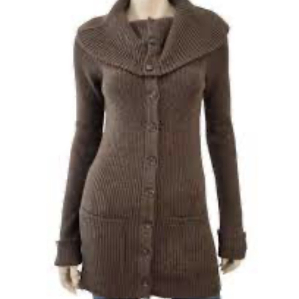 Vince Longline Cardigan Shawl Collar Ribbed Knit Wool Alpaca Cowl Neck Brown XL